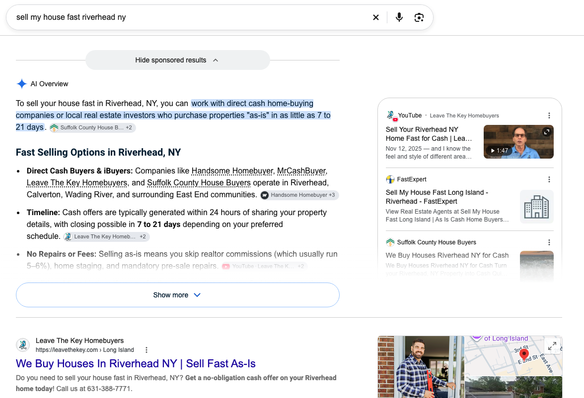Google results page with a client cited in the AI Overview and ranking first in the organic results.